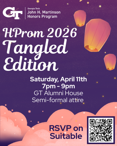 The John H. Martinson Honors Program HProm event flyer showing a purple background with stars and paper lanterns. 