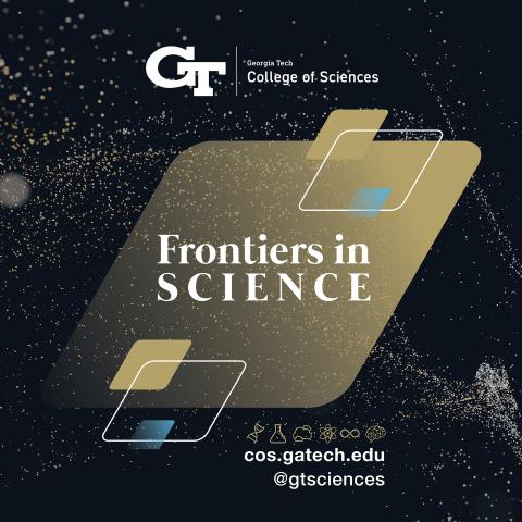  black banner reading "Frontiers in Science: Advancing Space Exploration." The words are surrounded by dynamic gold sparkles, along with light blue, gold, and white parallelograms.