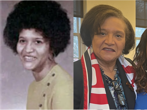 Two headshots of the same woman, one younger, one older.