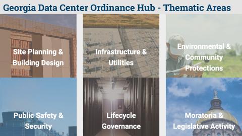 EPIcenter's Datacenter Ordinance Hub - Thematic Areas that included Site Planning and Building Design, Infrastructure and Utilities, Environmental and Community Protections, Public Safety and Security, and Lifecycle Governance