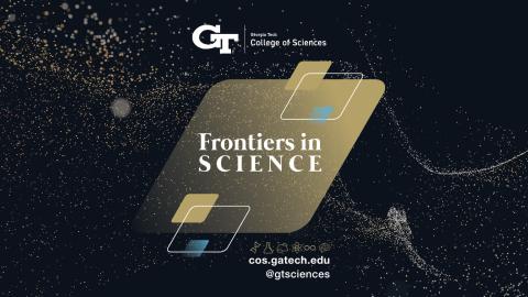 A black banner reading "Frontiers in Science: Advancing Space Exploration." The words are surrounded by dynamic gold sparkles, along with light blue, gold, and white parallelograms.