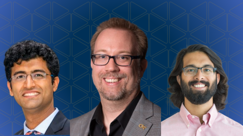 Three men are shown in a composite headshot against a blue geometric background, each facing forward and smiling. They are dressed in professional attire, including jackets, collared shirts, and glasses on two of them.