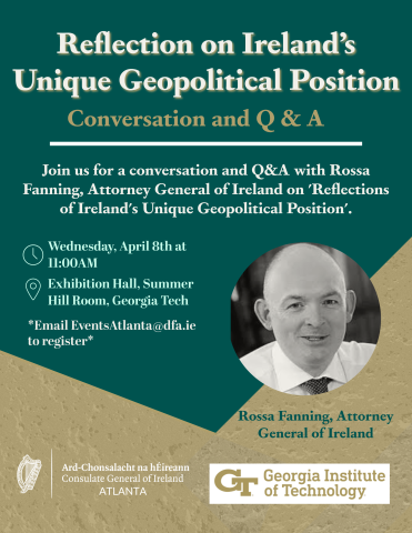 flyer inviting GT community to attend conversation and Q&A event with the attorney general of ireland