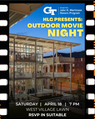 A flyer for the JMHP Outdoor Movie Night on April 18th. Shows a film reel frame with a photo of the West Village dining hall lawn, where the event is taking place. 