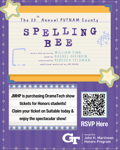 A flyer promoting student tickets for a DramaTech show on April 16th. It shows a purple background with the logo of the show, The 25th Annual Putnam County Spelling Bee