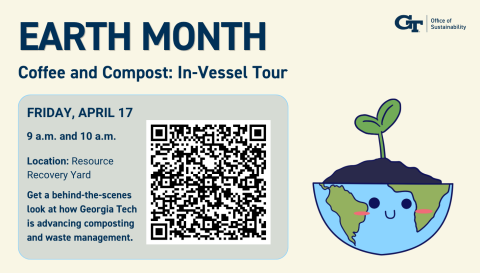 off white background with navy text graphic advertising coffee and compost tours on April 17th at 9 am and 10 am