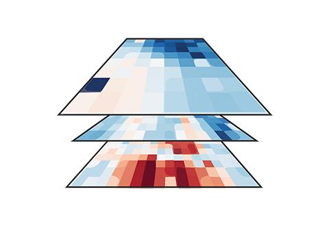 Three layered, abstract heat‑map style grids in shades of blue, red, and beige, stacked to resemble data layers or visualization panels.