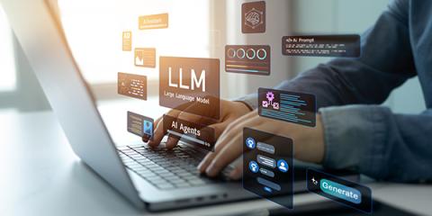 Hands are typing on a laptop and overlays of data visualizations and code appear as text previews over the image.