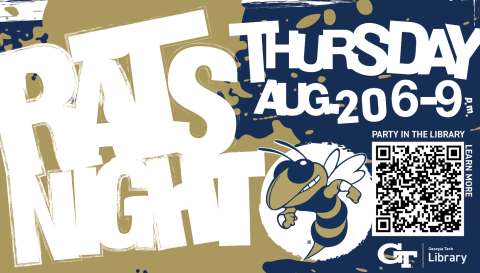 Rats Night 2026 main graphic with title, Buzz icon, QR code to Library website and Library logo