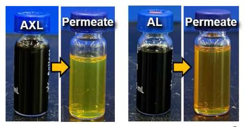 Photographs illustrating the distinct color change upon fractionation of crude oils via PAN membrane.