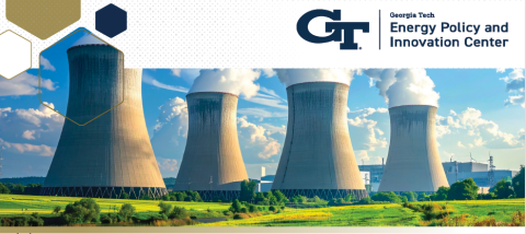 Georgia Tech branded image showing nuclear cooling towers with the EPIcenter logo on the top left