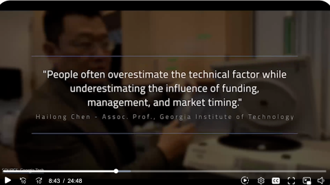 Screenshot showing Georgia Tech Associate Professor Hailong Chen's words about Batteries - the quote is People often overestimate the technical factor while underestimating the influence of funding, management, and market timing.