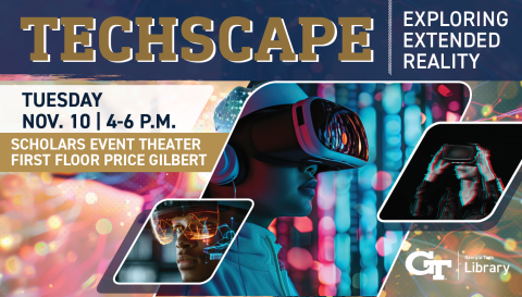 Digital signage for Techscape event featuring images of people using extended reality technology. 