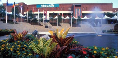 An exterior image of the Student Center during the 1996 Olympics