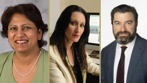 Headshots of Usha Nair-Reichert, Jenna Jordan, and Justin Biddle