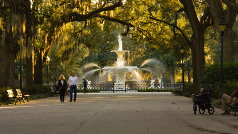 fountain in a park with trees and Spanish moss in Savannah, GA