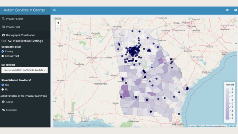 Screenshot of Singh's interactive Autism Services Map website