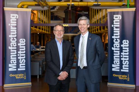 NREL Laboratory Director Martin Keller spoke at Georgia Tech on April 16, 2019 and met with Tim Lieuwen, executive director of the Strategic Energy Institute at Georgia Tech, to celebrate the new joint appointment program. Rob Felt, Georgia Tech