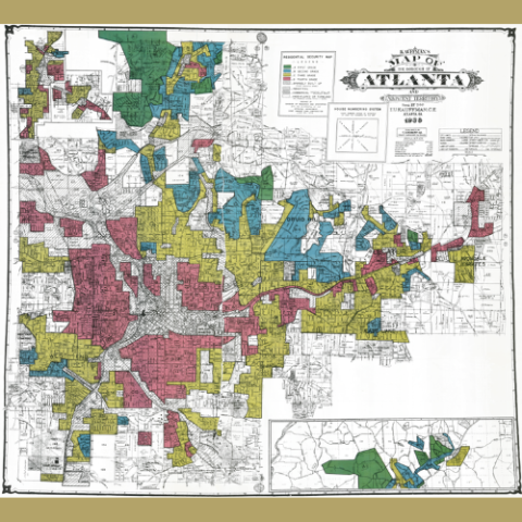 Old map of Atlanta with blue, red, yellow, and green colored areas deeming the "security rating" of each neighborhood