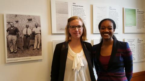 Renee Shelby (left) and Ericka Brundage (right) at the "Holmes v. Atlanta: Changing the Game" opening reception.