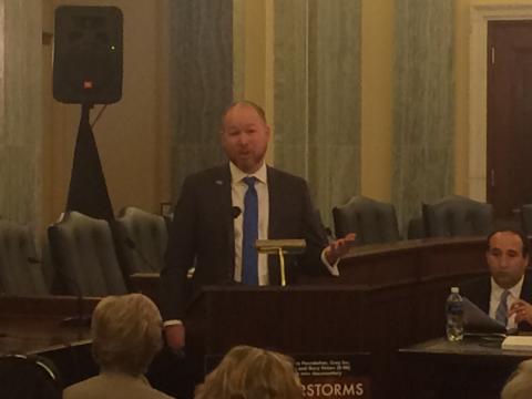 John H. Wise speaking at a Capitol Hill briefing after screening of "Solar Superstorms," a documentary funded by NSF. Wise urged support for more supercomputing.