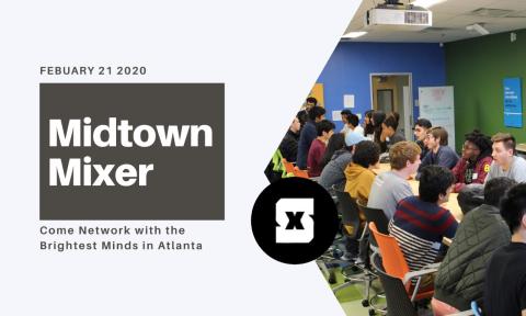 Students talk to each other across a table as part of the flyer for Startup Exchange's Midtown Mixer on Feb. 21, 2020.