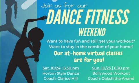 Flyer for Asha for Education's Dance Fitness Weekend. Held Oct. 24 and 25, 2020.