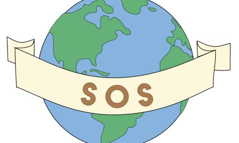 Cartoon Earth with a banner reading "SOS" around it.