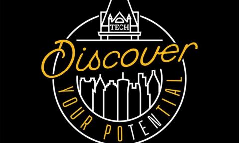 Sketched Tech Tower and the Atlanta skyline with the words "Discover Your Potential" around it.
