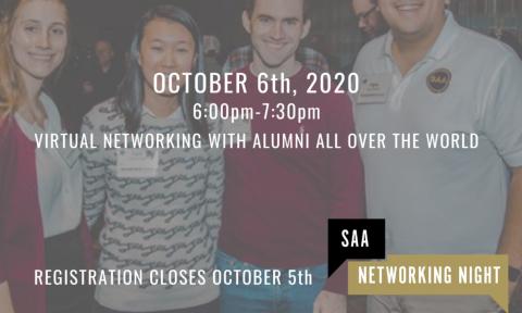 Flyer for SAA's alumni networking night on Oct. 6, 2020. Registration closes Oct. 5, 2020.