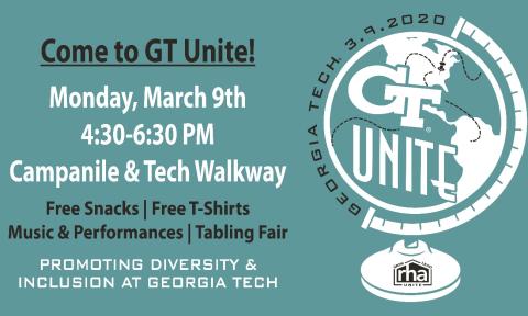 Flyer for the Residence Hall Association's event GT Unite on March 9, 2020.