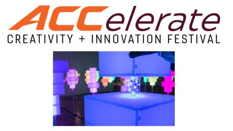 ACCelerate CREATIVITY AND INNOVATION FESTIVAL below is an image of various shapes each glowing in saturated hues of blue and violet