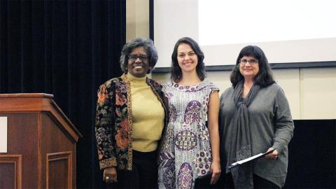 Ivan Allen College of Liberal Arts Dean Jacqueline Royster, Ph.D. student Amanda Domingues, and Professor Carol Colatrella.