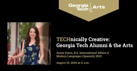 TECHnically Creative: Georgia Tech Alumni & the Arts with Annie Eaton, B.S. International Affairs and Modern Languages.   Woman wearing a blue dress, standing outside with her hand on a railing.