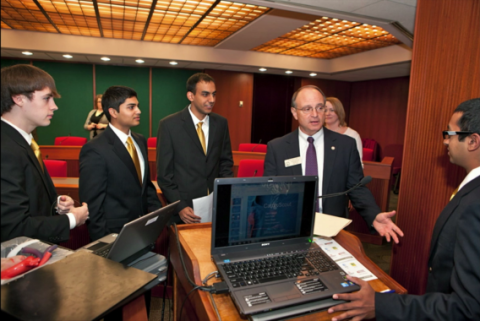 Georgia Tech BME students presented their CardioScout project done at SJTRI to the Science and Technology Committee at the Georgia State Capital. They were introduced by Georgia Tech President Bud Peterson and SJTRI Chairman Mr. Bruce Simmons.