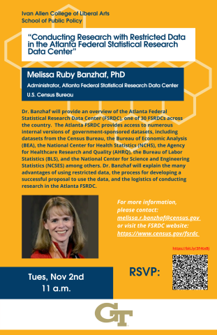 Flyer for "Conducting Research with Restricted Data in the Atlanta Federal Statistical Research Data Center," held virtually on Nov. 2, 2021 at 11 a.m.