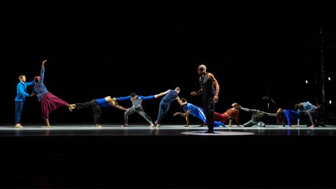 Against a black background, a group of dancers are arranged in a line, arms and legs reaching to each other.