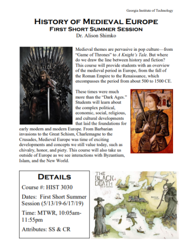 Flyer for Medieval European History course for summer 2019.
