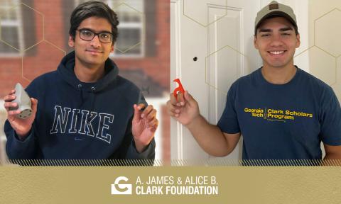 Two students holding their 3D printed PPE 