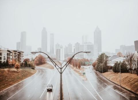 gray Atlanta skyline in the rain and mist 