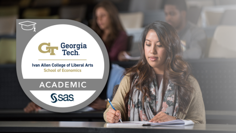 The SAS Academic Badge on the left over an image of a girl working taking notes in a Georgia Tech classroom with her classmates behind her. The badge is a gray cirle with a white interior and the Georgia Tech and SAS logos with text reading "Ivan Allen College of Liberal Arts School of Economics" in navy blue and Tech gold text.