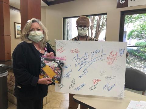 Emory Decatur Hospital staff wearing face coverings sewn by Sewing Masks for Area Hospitals. 