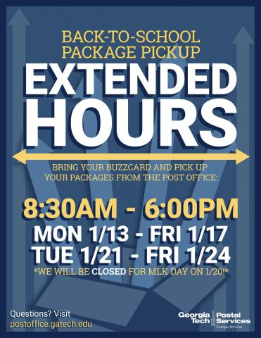 Flyer for extended hours for package pickup at the Georgia Tech Post office