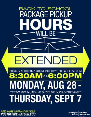 Flyer for extended hours at the Package Pickup Window