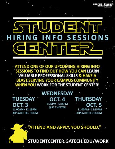 Student Center Hiring Info Sessions on 10/3, 10/4 & 10/5!