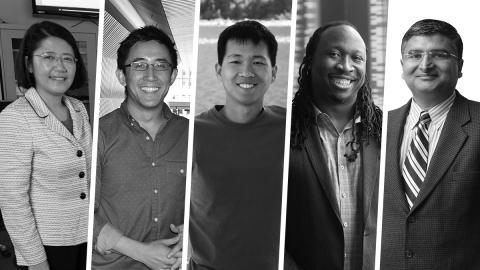 Five faculty members have been named distinguished faculty fellows this spring in the Wallace H. Coulter Department of Biomedical Engineering. From left, May Wang, Gabe Kwong, Peng Qiu, Manu Platt, and Jaydev Desai.