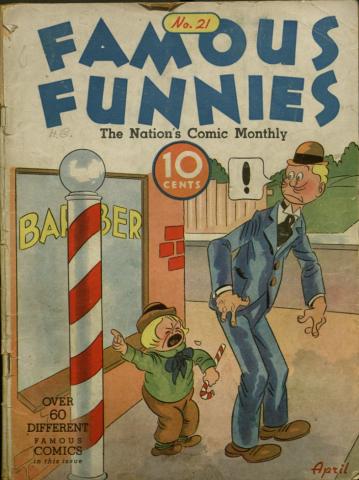 "Famous Funnies" comic book cover, shows unhappy child holding a candy cane and pointing to barber shop pole, while adult male looks on confused.on