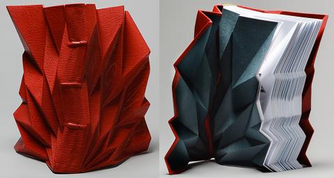 Sculpted book created by Graham Patten. "Origamics: Mathematical Explorations through Paper Folding" by Kazup Haga. 