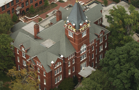 aerial shot of tech tower and campus 