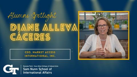 Text on the lefthand side reads "Alumni Spotlight, Diane Alleva Cáceres, CEO, Market Access International, Inc." The Nunn School logo is beneath, and a picture of Caceras is on the right. The background looks like gold spotlights cutting through navy blue.